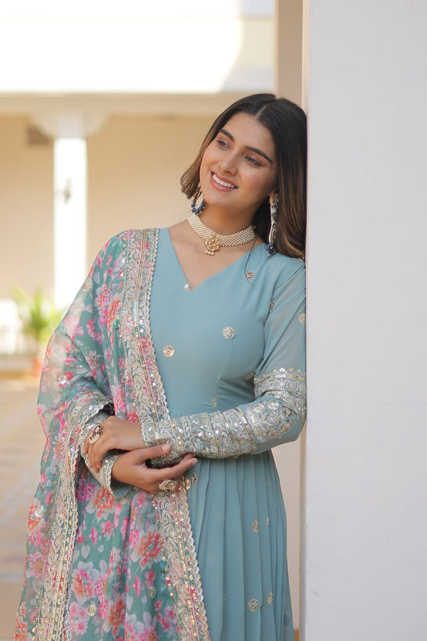 Sky Blue Color Embroidery Work Gown With Multi Print Dupatta subhvastra Sky Blue Color Embroidery Work Gown With Multi Print Dupatta subhvastra