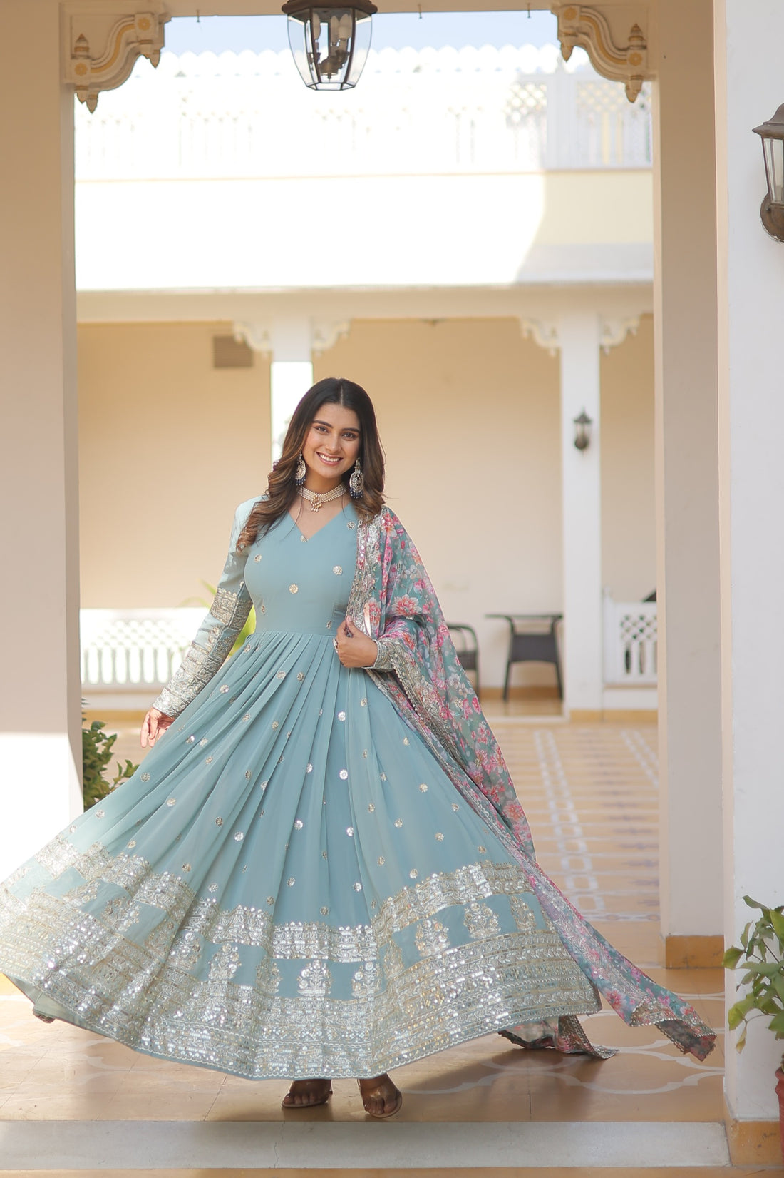 Sky Blue Color Embroidery Work Gown With Multi Print Dupatta subhvastra Sky Blue Color Embroidery Work Gown With Multi Print Dupatta subhvastra