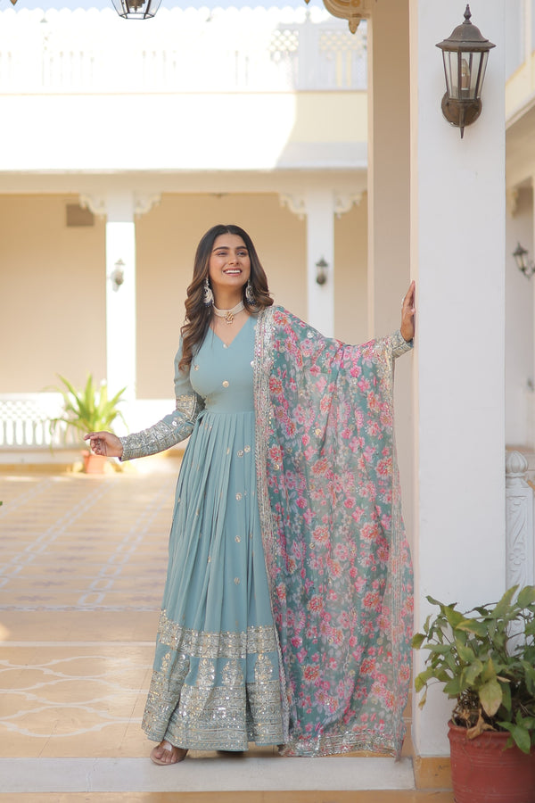 Sky Blue Color Embroidery Work Gown With Multi Print Dupatta subhvastra Sky Blue Color Embroidery Work Gown With Multi Print Dupatta subhvastra