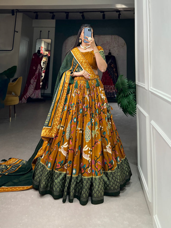 Mustard Color Foil Print With Minakari Work Captivating Lehenga Choli