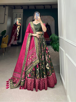 Mehendi Color Foil Print With Minakari Work Captivating Lehenga Choli