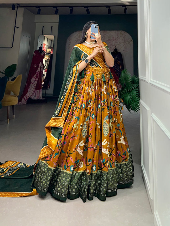 Mustard Color Foil Print With Minakari Work Captivating Lehenga Choli