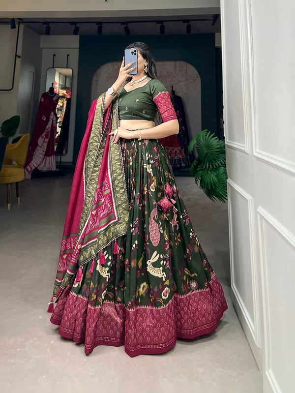 Mehendi Color Foil Print With Minakari Work Captivating Lehenga Choli