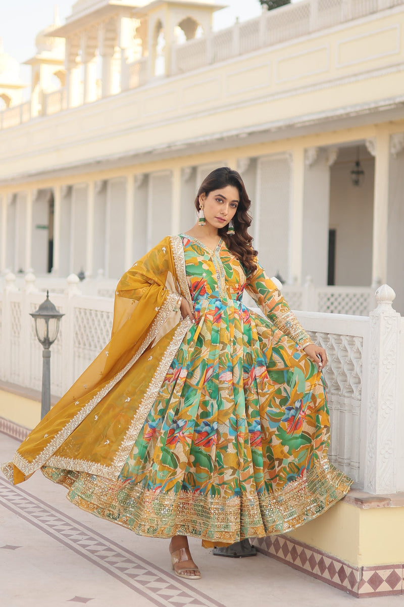 Eyes Catching Multi Digital Printed Yellow Anarkali Gown