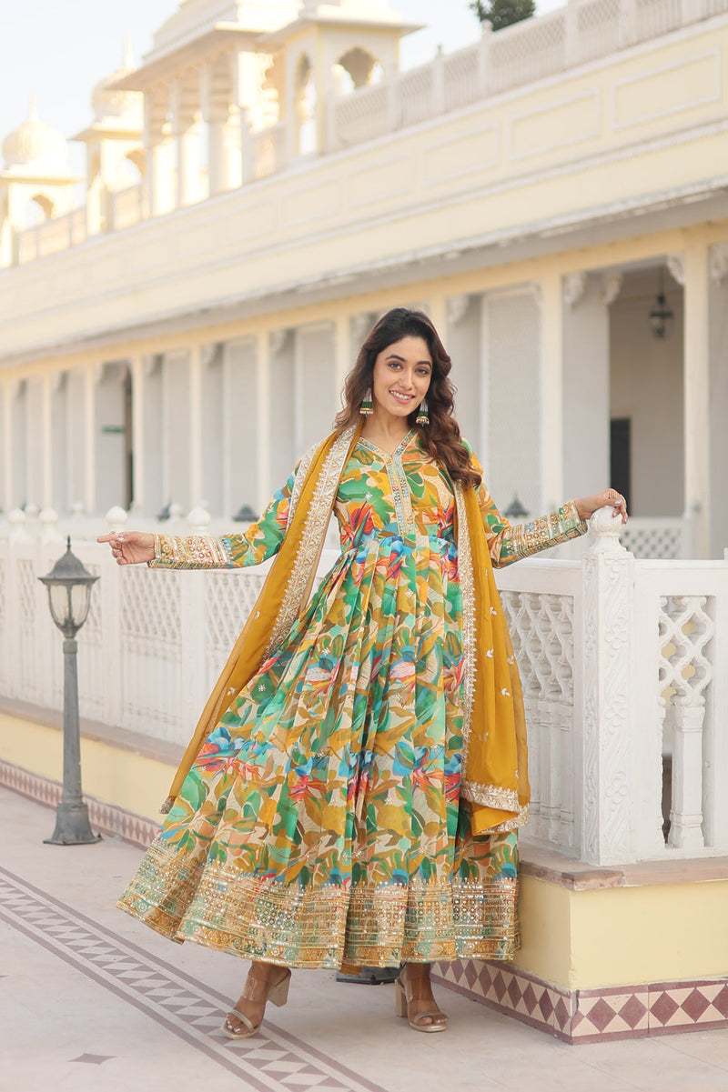 Eyes Catching Multi Digital Printed Yellow Anarkali Gown
