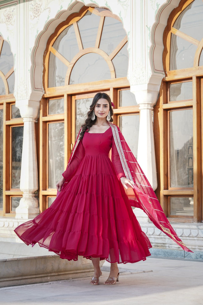 Beautiful Square Neck Georgette Dark Pink Color Long Gown