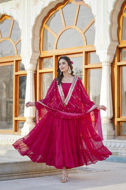 Beautiful Square Neck Georgette Dark Pink Color Long Gown