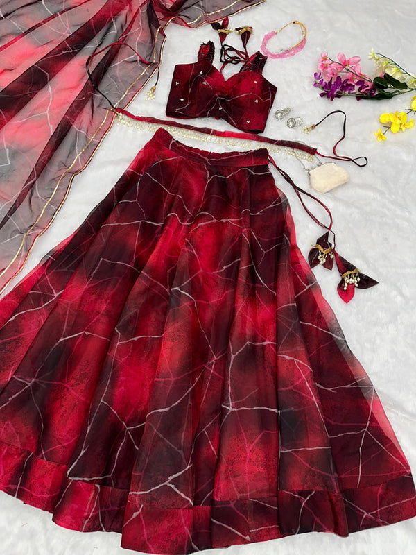 Lovely Digital Printed Maroon Color Organza Lehenga Choli