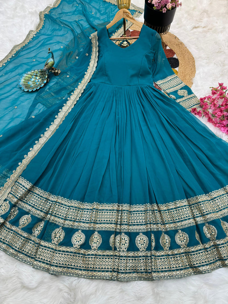 Marvelous Embroidery Sequence Work Teal Blue Long Gown