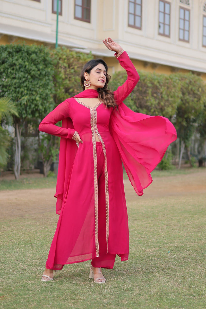 Impressive Embroidery Work Front Cut Pink Anarkali Suit