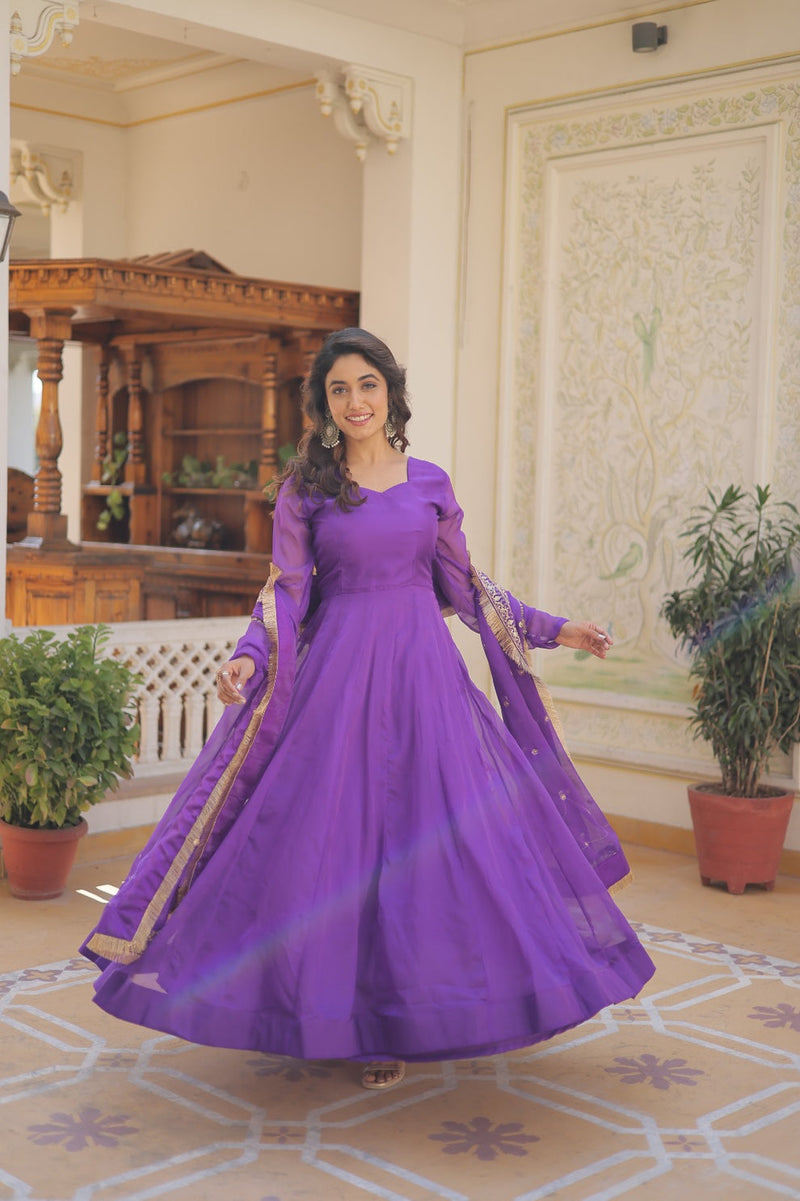 Kali Pattern Purple Color Gown With Embroidered Work Dupatta