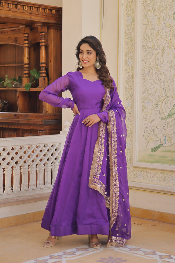 Kali Pattern Purple Color Gown With Embroidered Work Dupatta