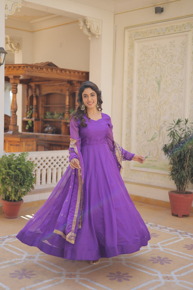 Kali Pattern Purple Color Gown With Embroidered Work Dupatta