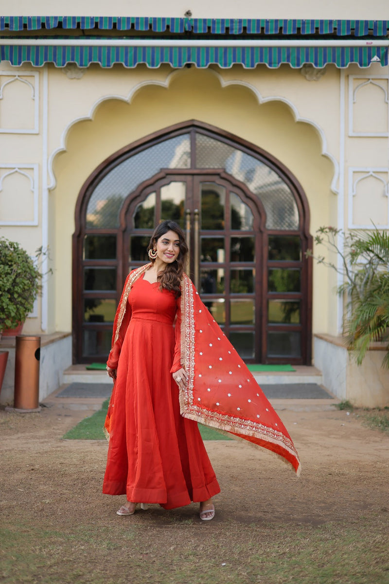 Kali Pattern Orange Color Gown With Embroidered Work Dupatta