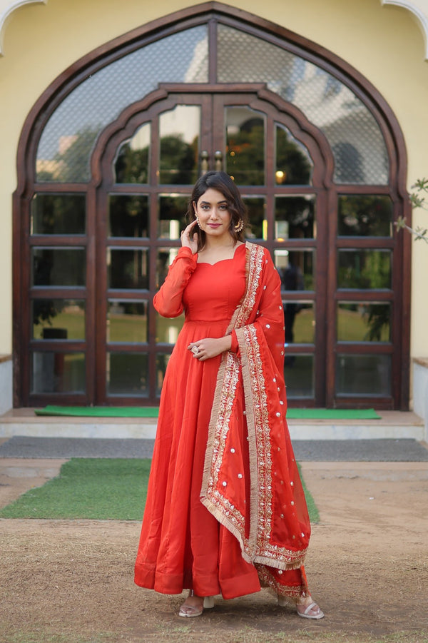 Kali Pattern Orange Color Gown With Embroidered Work Dupatta