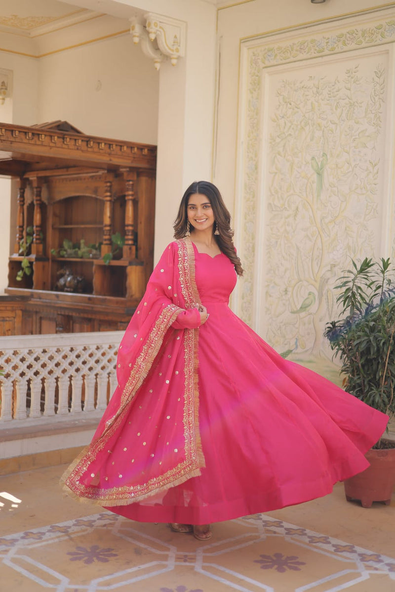 Kali Pattern Pink Color Gown With Embroidered Work Dupatta