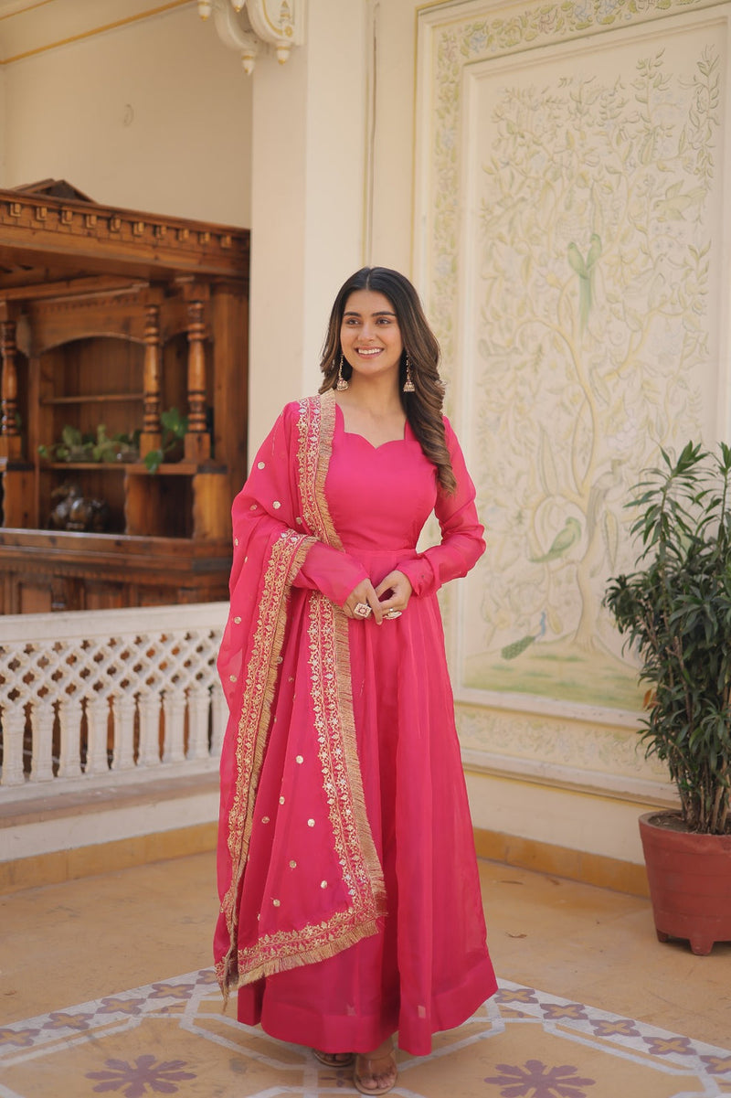 Kali Pattern Pink Color Gown With Embroidered Work Dupatta