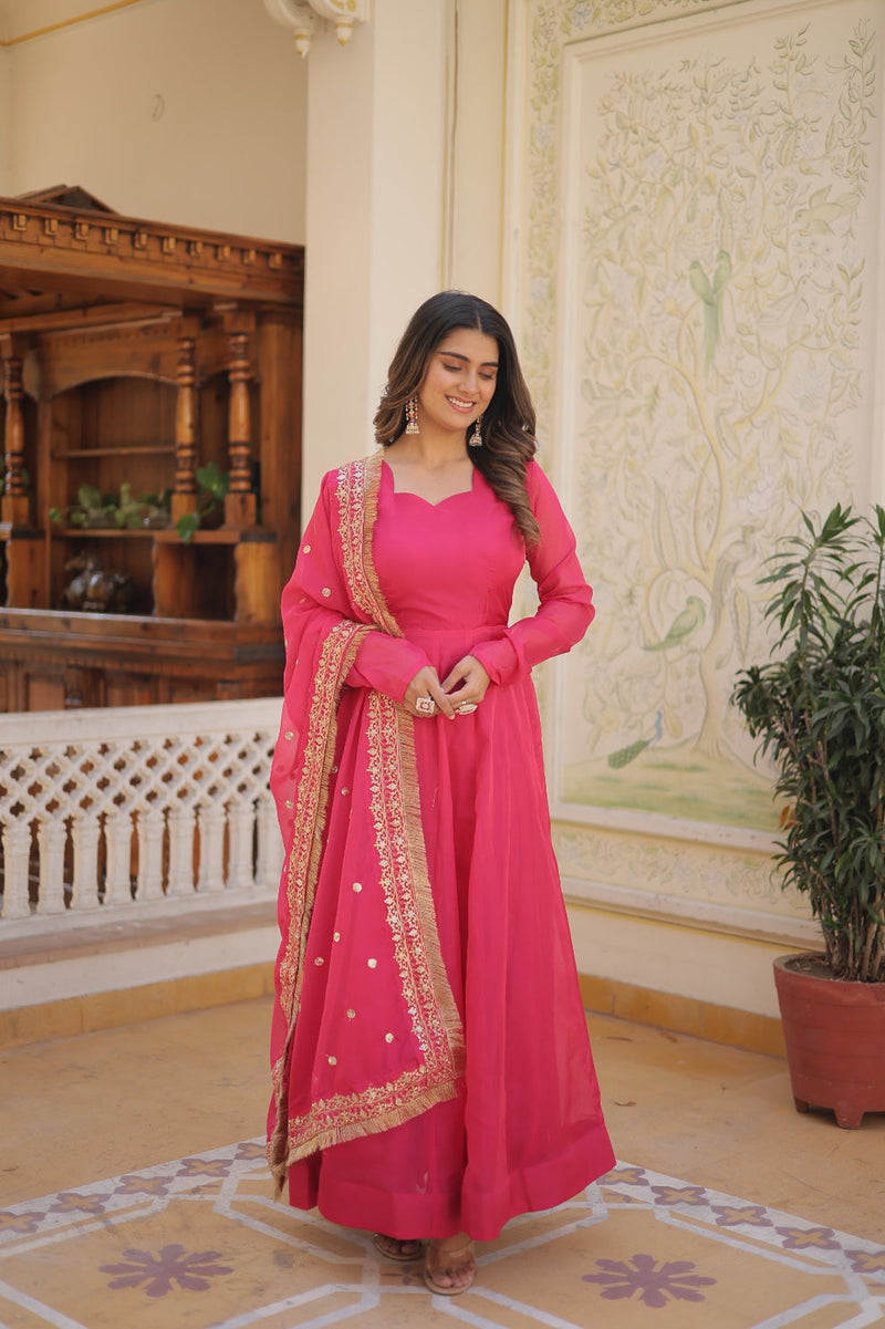 Kali Pattern Pink Color Gown With Embroidered Work Dupatta