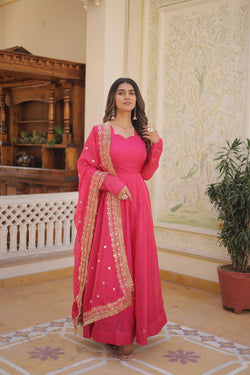 Kali Pattern Pink Color Gown With Embroidered Work Dupatta