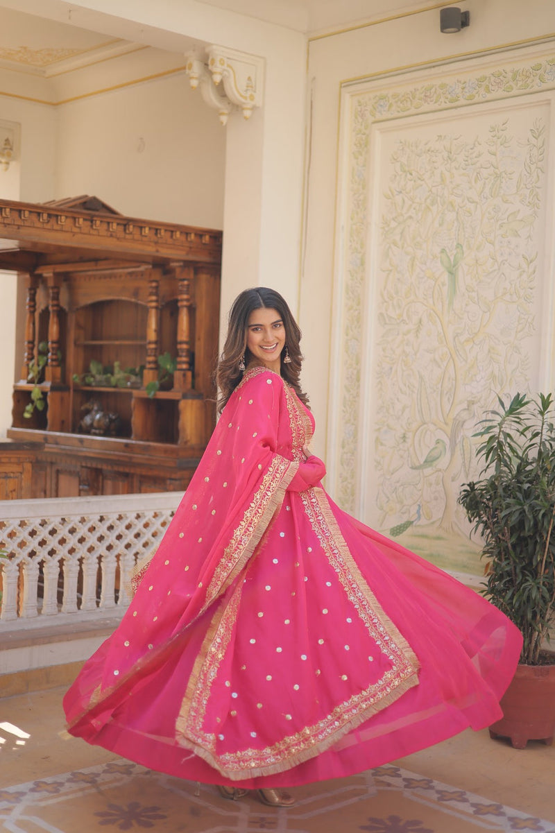 Kali Pattern Pink Color Gown With Embroidered Work Dupatta