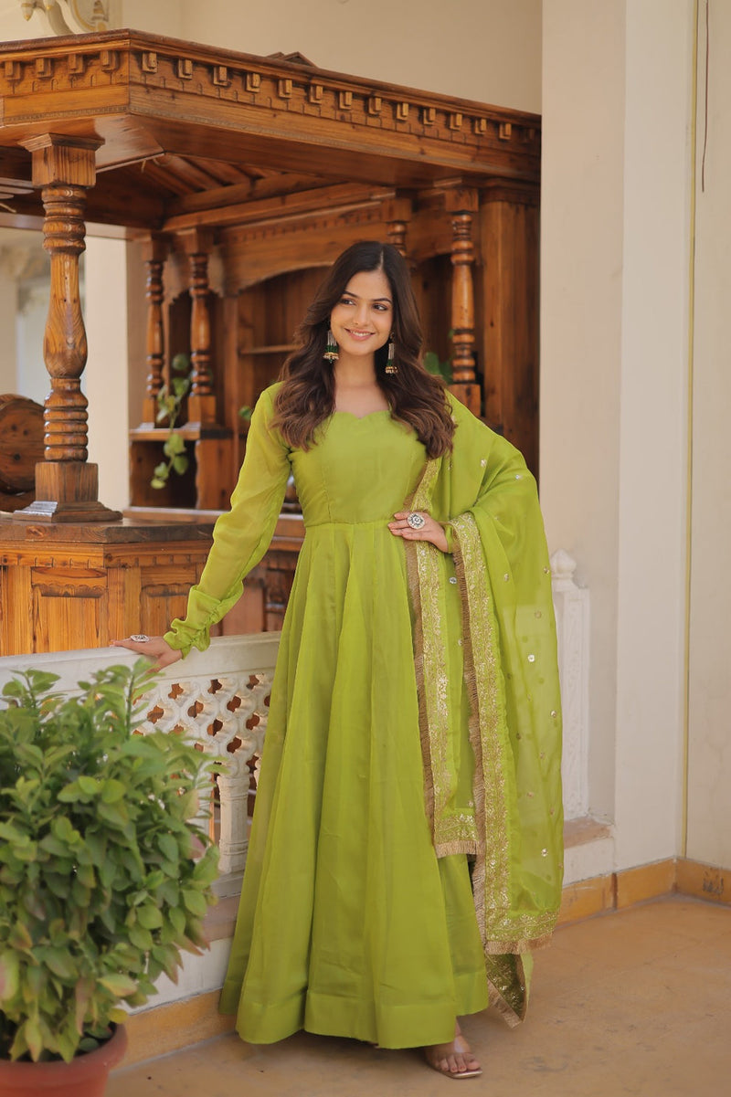 Kali Pattern Parrot Green Color Gown With Embroidered Work Dupatta
