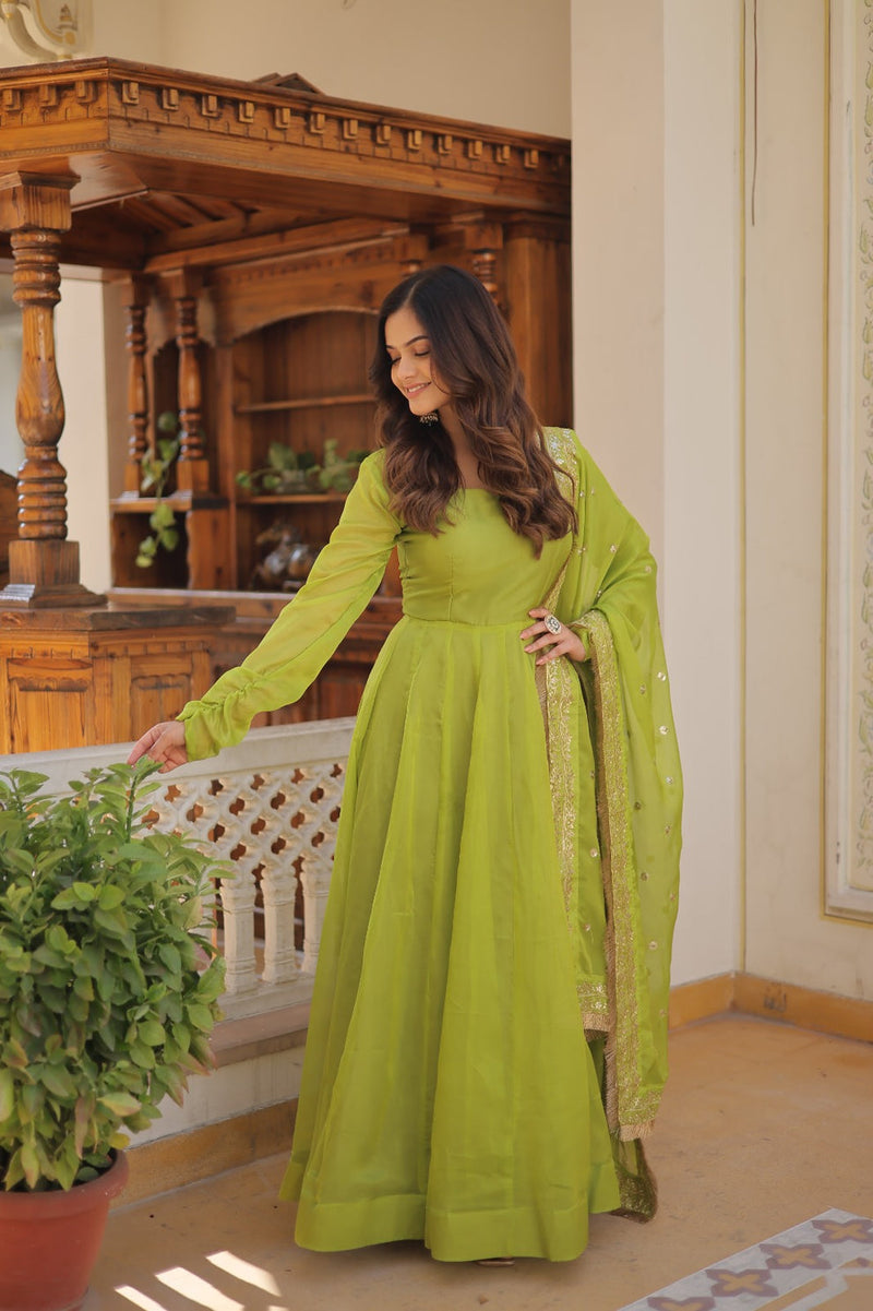 Kali Pattern Parrot Green Color Gown With Embroidered Work Dupatta