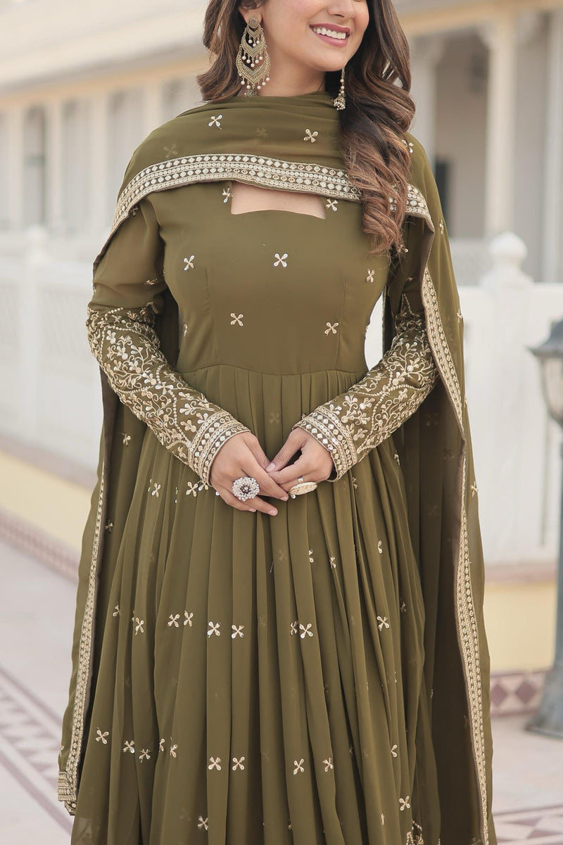 Designer Neck Pattern Full Embroidery Work Mehndi Anarkali Gown