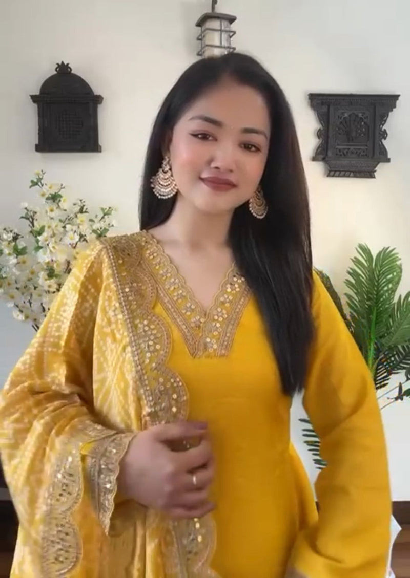 Neck Pattern Work Yellow Salwar Suit With Bandhani Dupatta