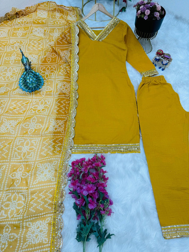 Neck Pattern Work Yellow Salwar Suit With Bandhani Dupatta
