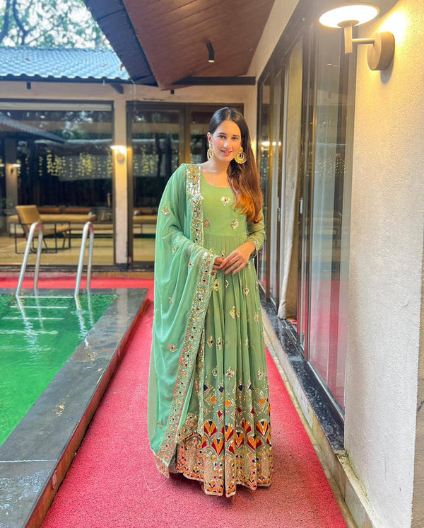 Luxuriant Light Green Sequence Work Anarkali Gown
