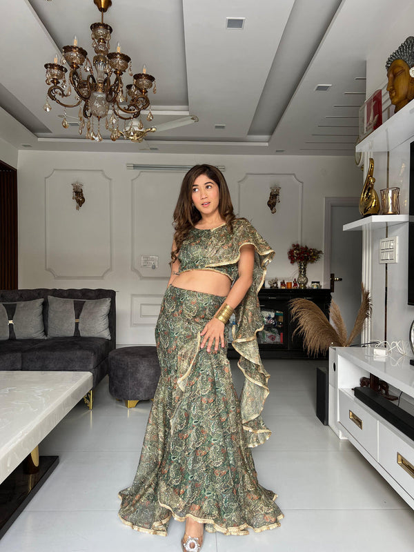 Green With Golden Shine Lehenga With Fancy Blouse