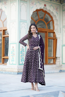 Heavy Sequins Embroidered Work Purple Color Pretty Anarkali Gown