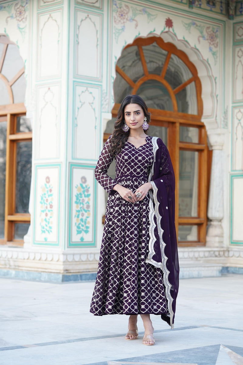 Heavy Sequins Embroidered Work Purple Color Pretty Anarkali Gown