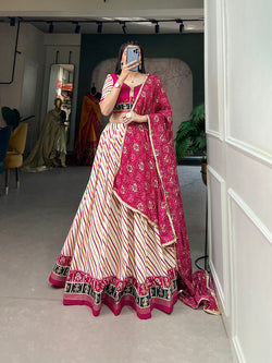 White Leheriya Printed Lehenga With Pink Blouse