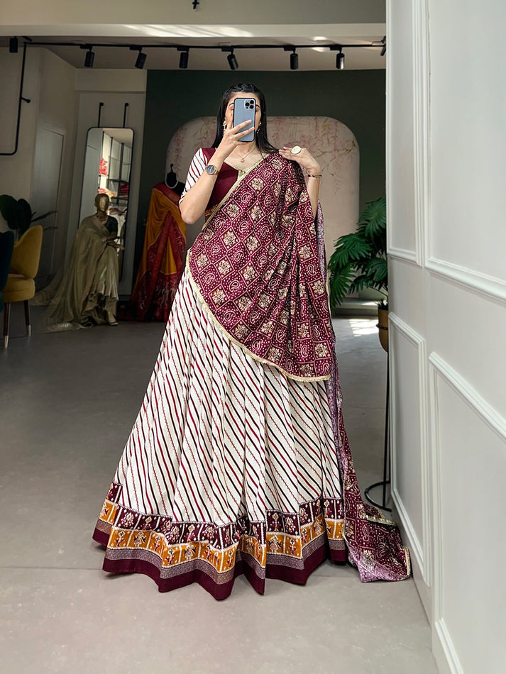 White Leheriya Printed Lehenga With Wine Blouse