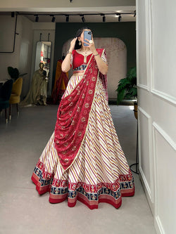 White Leheriya Printed Lehenga With Red Blouse