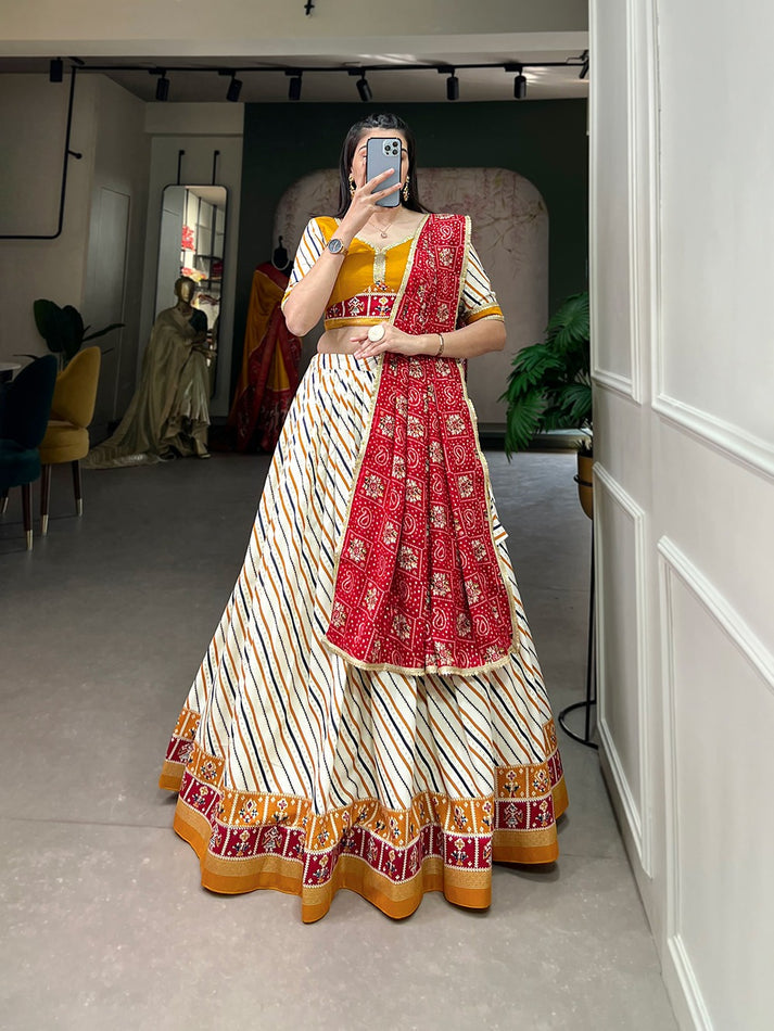 White Leheriya Printed Lehenga With Mustard Blouse