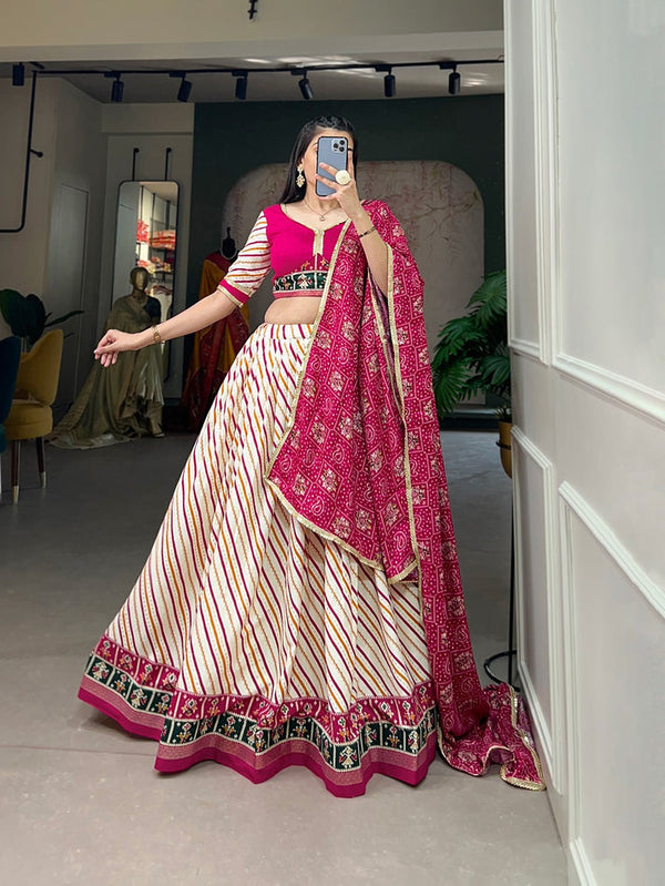 White Leheriya Printed Lehenga With Pink Blouse