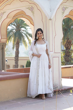 Latest White Color Heavy Foux Georgette Ruffle Style Gown