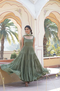 Latest Mehendi Color Heavy Foux Georgette Ruffle Style Gown