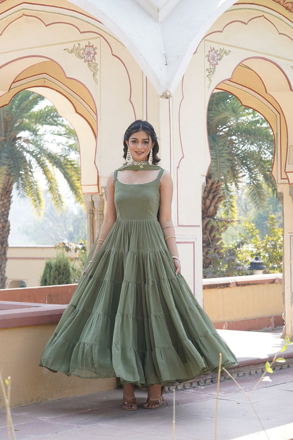 Latest Mehendi Color Heavy Foux Georgette Ruffle Style Gown