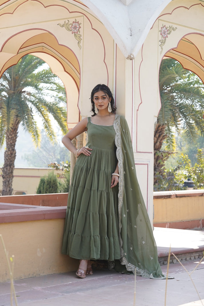 Latest Mehendi Color Heavy Foux Georgette Ruffle Style Gown