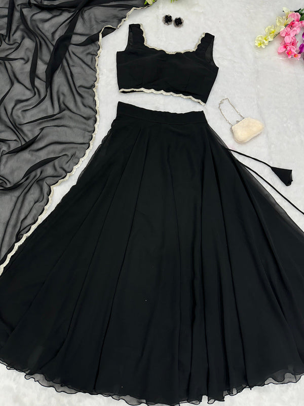 Black Color Plain Lehenga With Lace Work Blouse