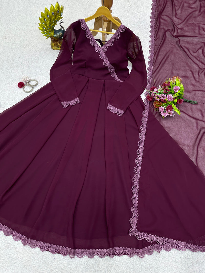 Solid Purple Long Flair Anarkali With Dupatta