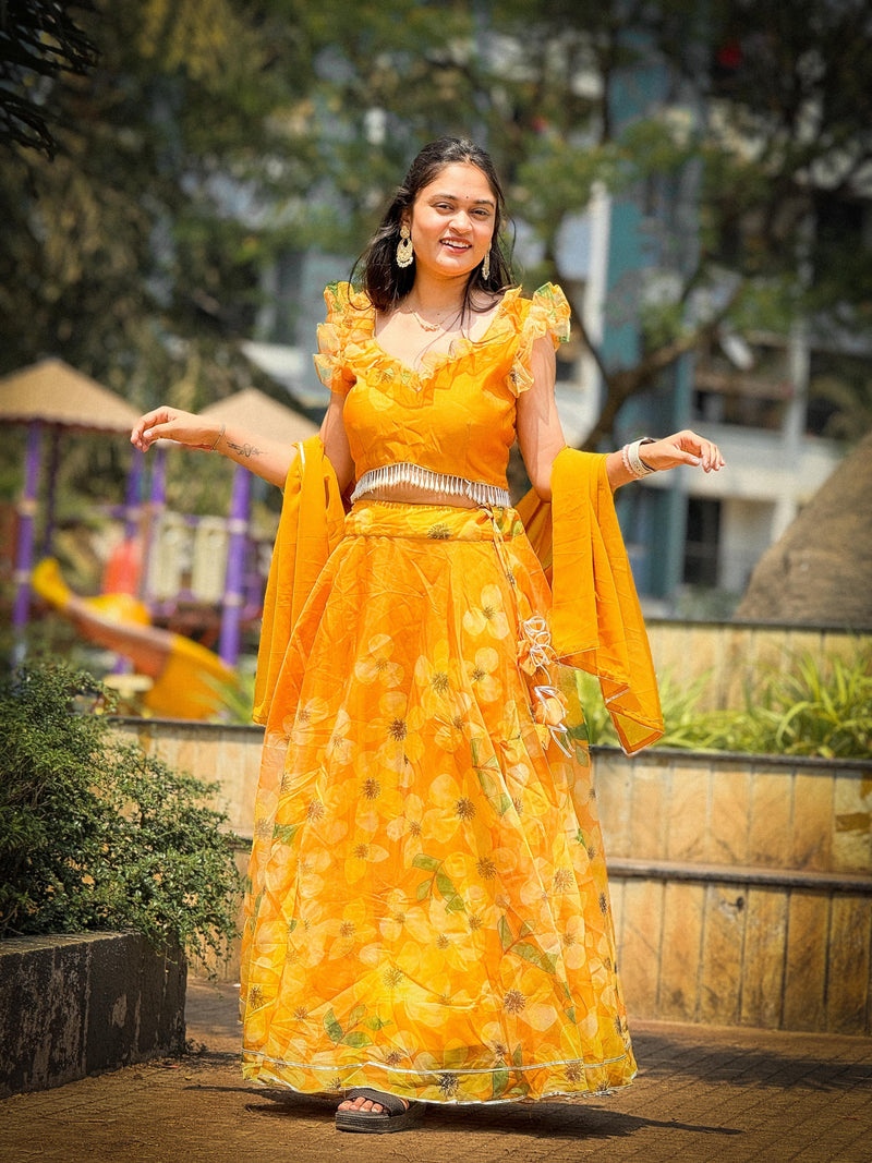 Yellow Organza Silk Flower Printed Lehenga Choli