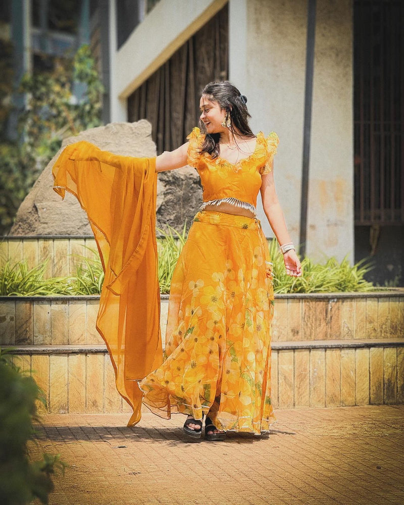 Yellow Organza Silk Flower Printed Lehenga Choli