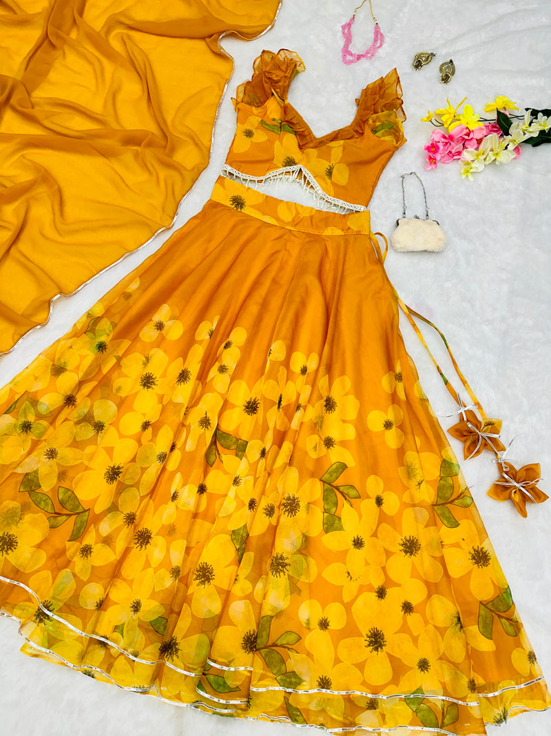 Yellow Organza Silk Flower Printed Lehenga Choli