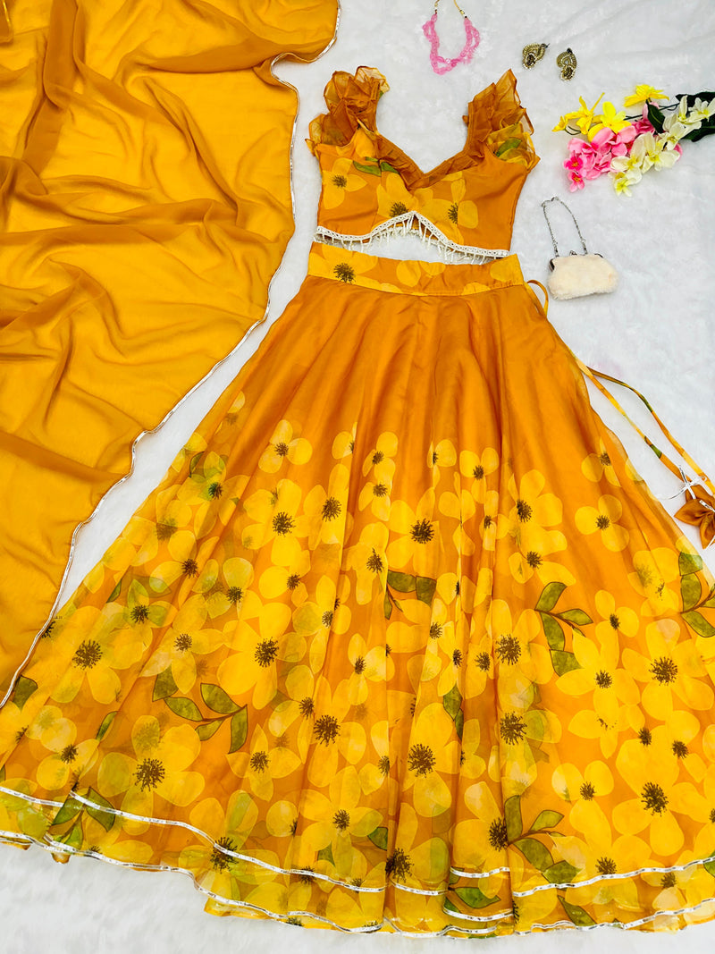 Yellow Organza Silk Flower Printed Lehenga Choli