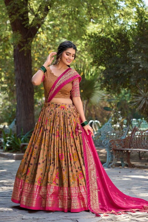 Captivating Kalamkari Print Mustard Color Wedding Lehenga Choli