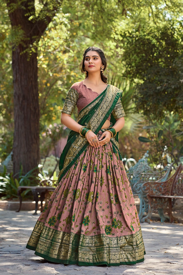 Captivating Kalamkari Print Onion Color Wedding Lehenga Choli